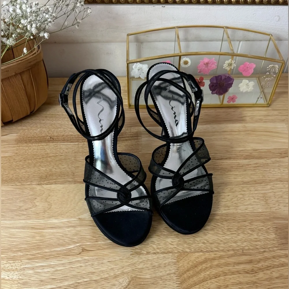 Nina Black Strappy Mesh Ankle Strap Heels US Size 8.5 Classic Preppy Designer